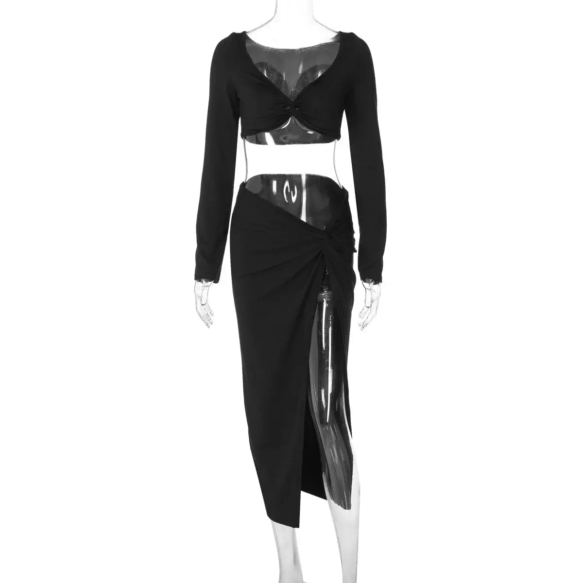 Ruched Long Sleeve Cropped Top And Asymmetric Split Skirt Coords Set
