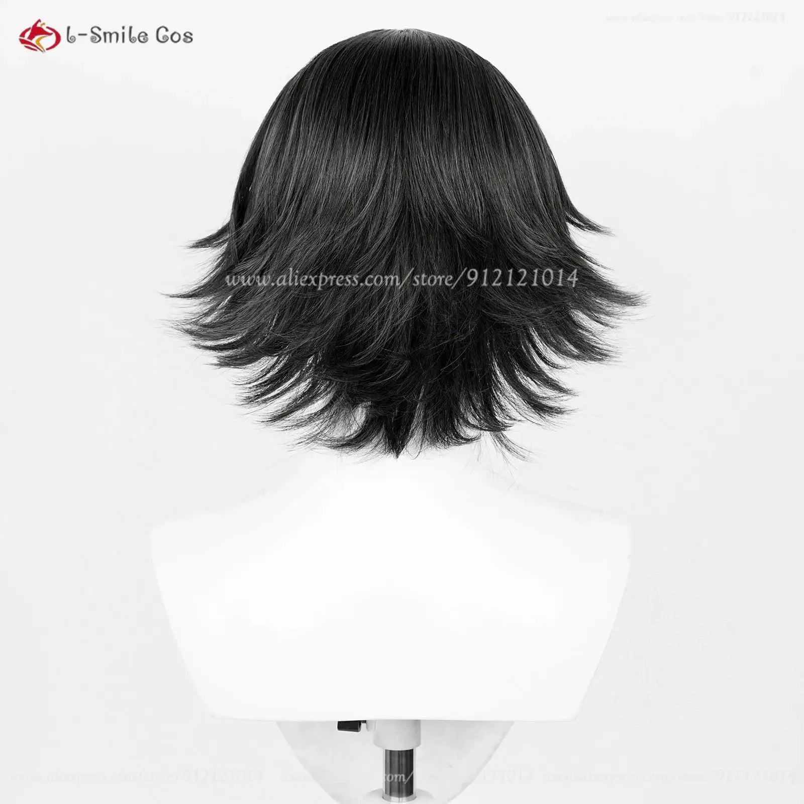 Anime Shizukuu cosplay wig, black short style with wig cap, l-Smile Cos logo visible