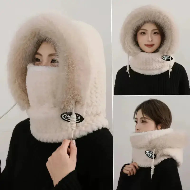 ArcticGuard Thermal Plush Hat Hood Scarf Mask Women Windproof Thick Design Outdoor Riding Gear