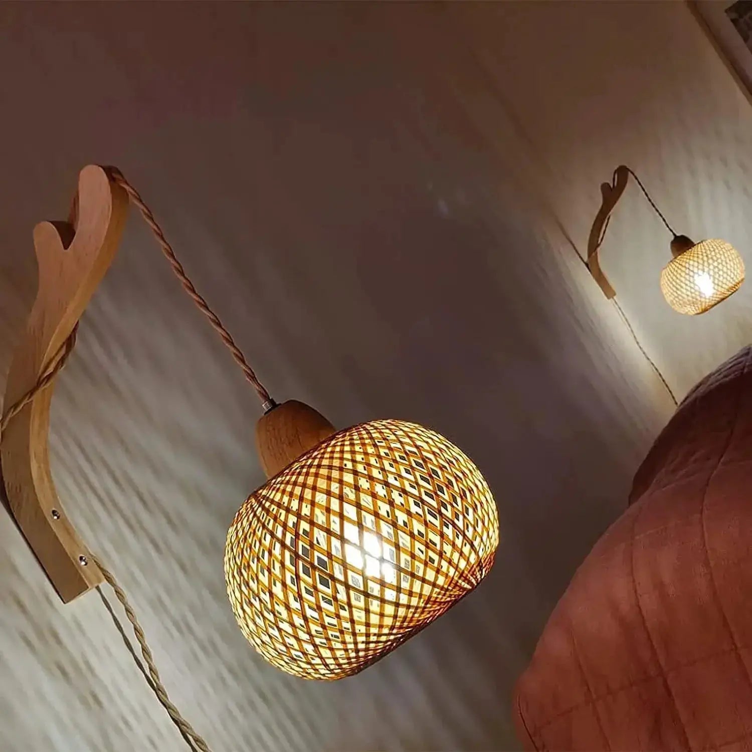 Bamboo lantern wall lamp set with hand-woven wicker shades; two hanging natural bamboo lamps on cords.