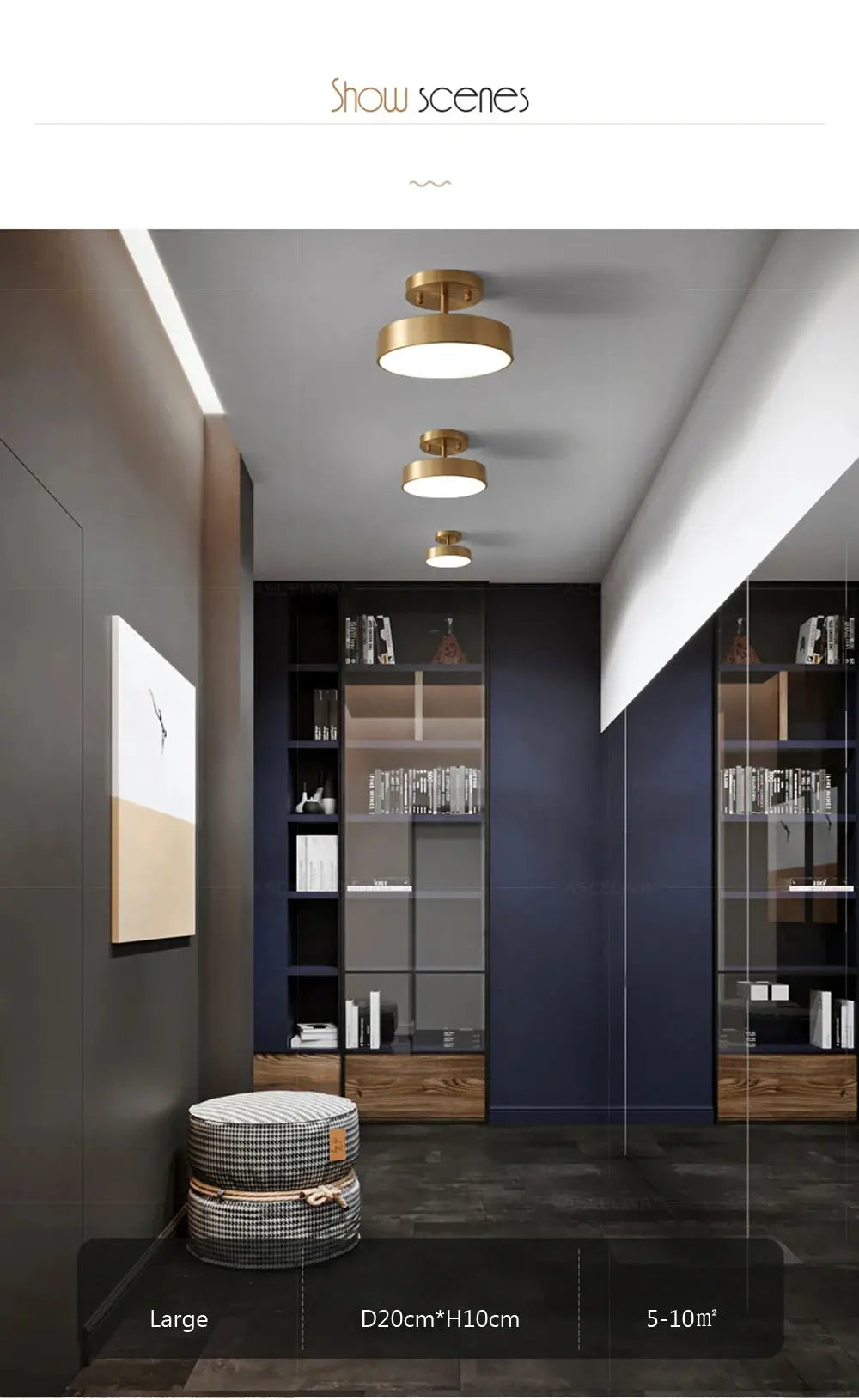 Three copper LED ceiling lights, modern Nordic round gold-black fixture for hallway/entryway