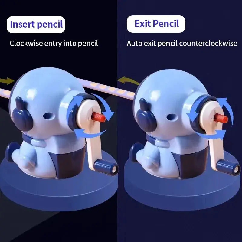 Astronaut cartoon pencil sharpener, blue hand-crank school desk sharpener