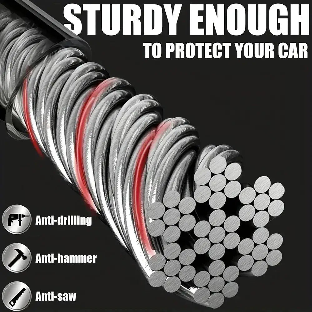 Car steering wheel lock with durable steel cable; universal fit and anti-drilling/anti-hammer/anti-saw features