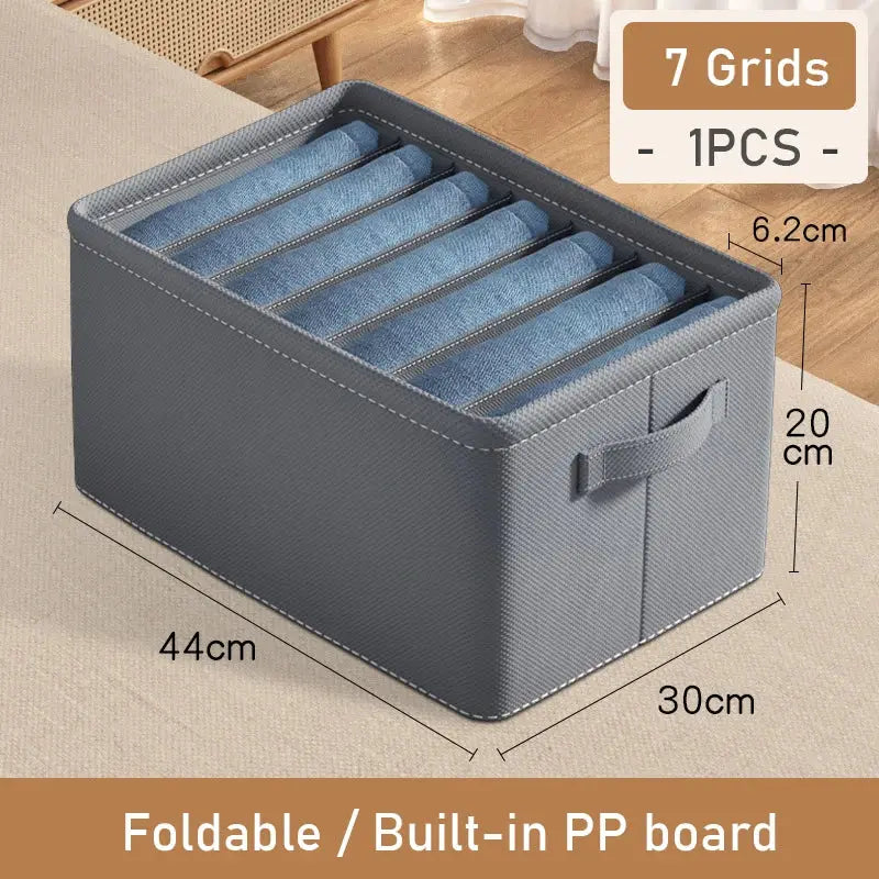 Simples Market foldable pants storage box, gray fabric with built-in PP board, 7-grid organizer