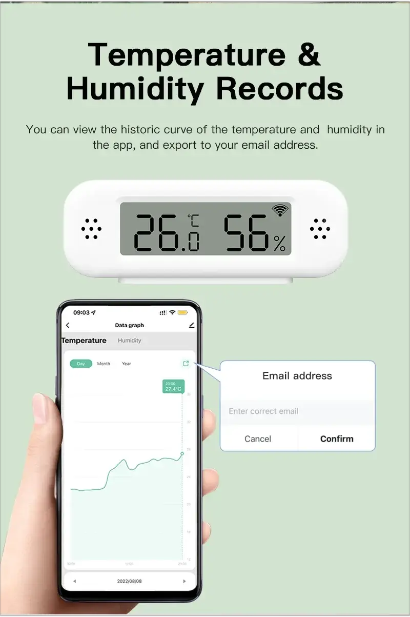 Tuya WiFi Mini Temperature Humidity Thermometer; white device shows 26.0°C and 56% RH with smartphone app data graph.