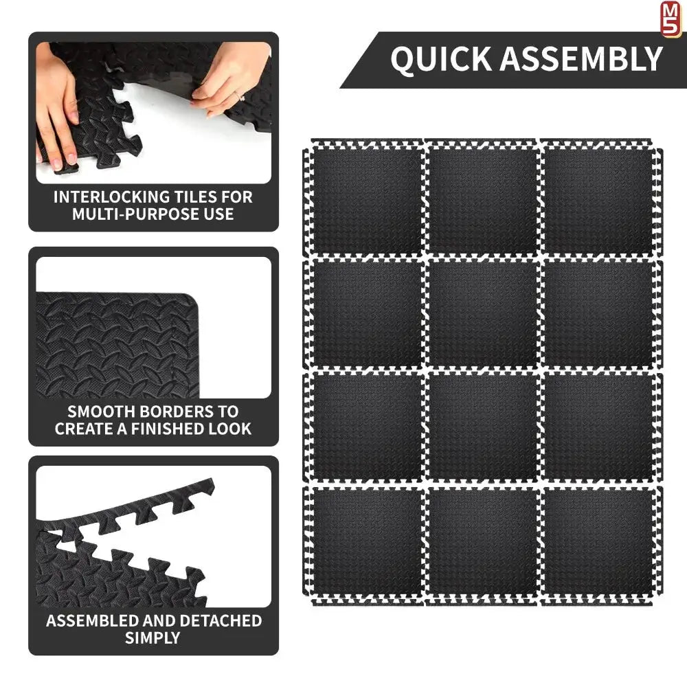 Simples Market EVA foam interlocking puzzle exercise mat with 12 black tiles and non-slip surface