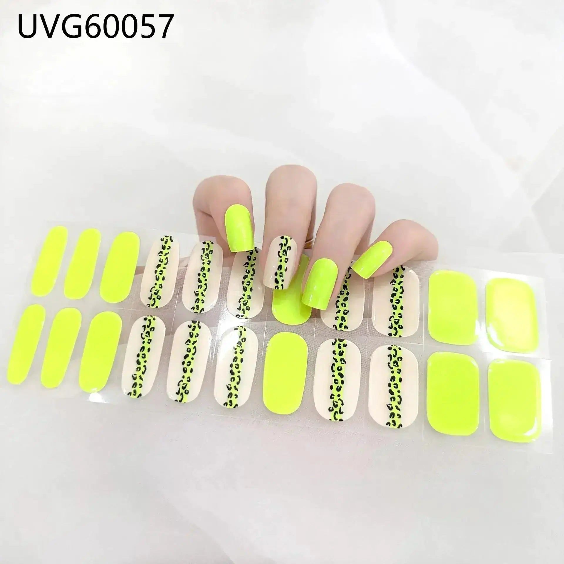 Neon lime full-cover gel nail wraps set with white leopard-print strips by Simples Market