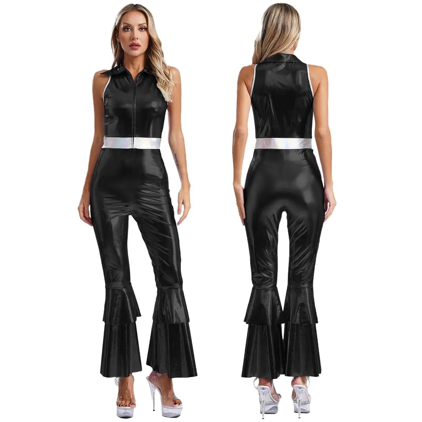 Womens Simples Market metallic black jumpsuit with silver belt, front and back views.