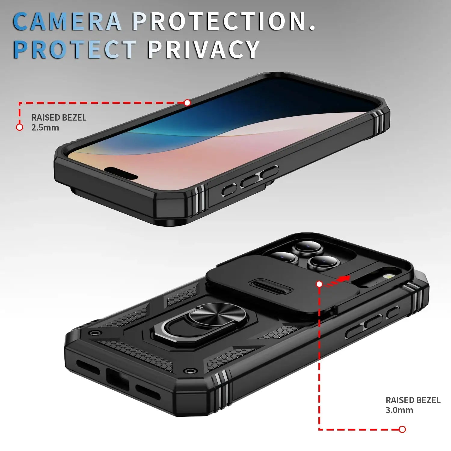 Simples Market iPhone case with sliding camera cover and 360-degree rotating kickstand, heavy-duty black