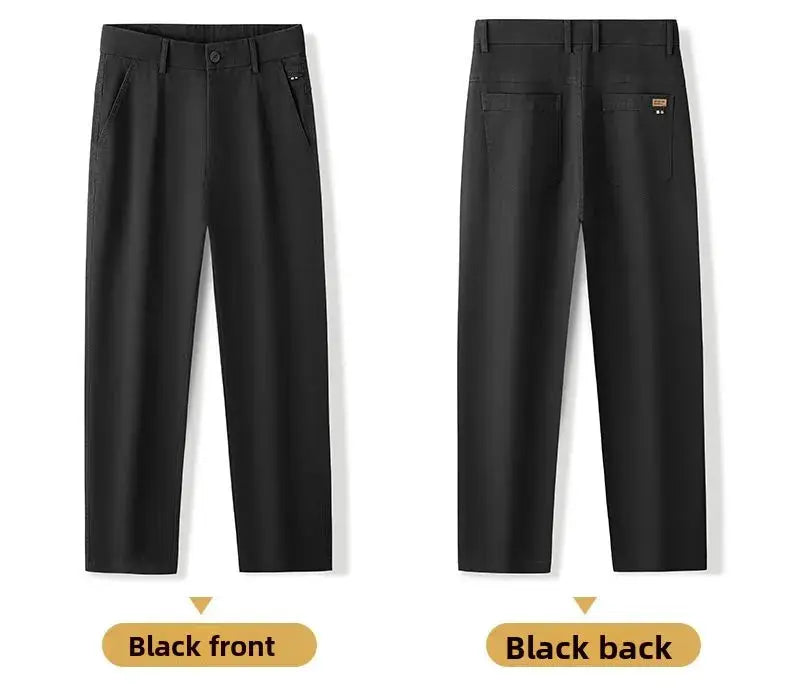 Two black men's cotton pants in front and back views, classic straight-leg with belt loops and side pockets.