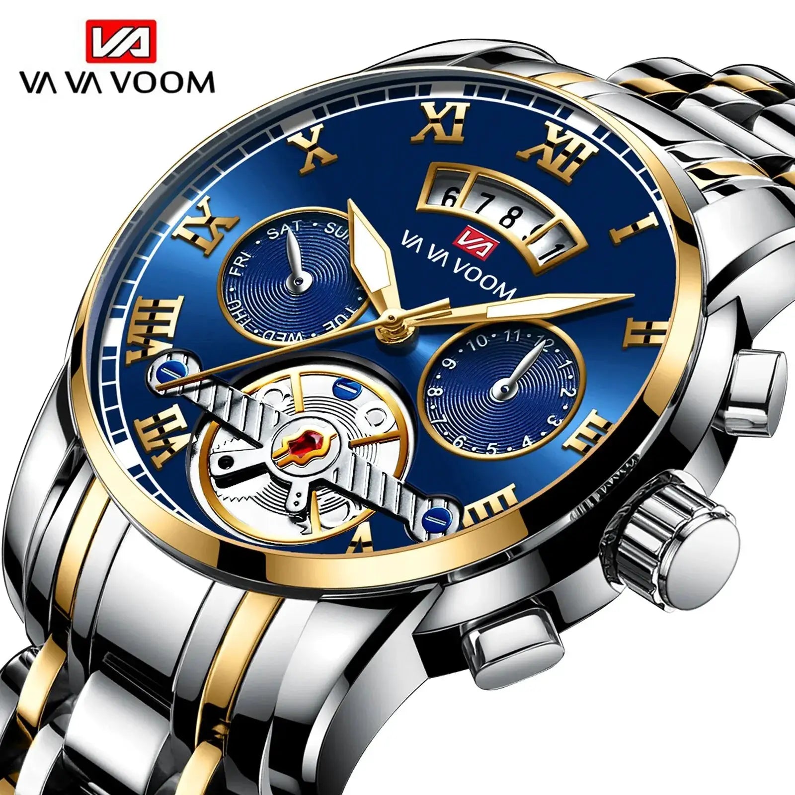 Men's luxury VA VOOM wristwatch with blue dial, gold-tone markers and stainless steel bracelet.