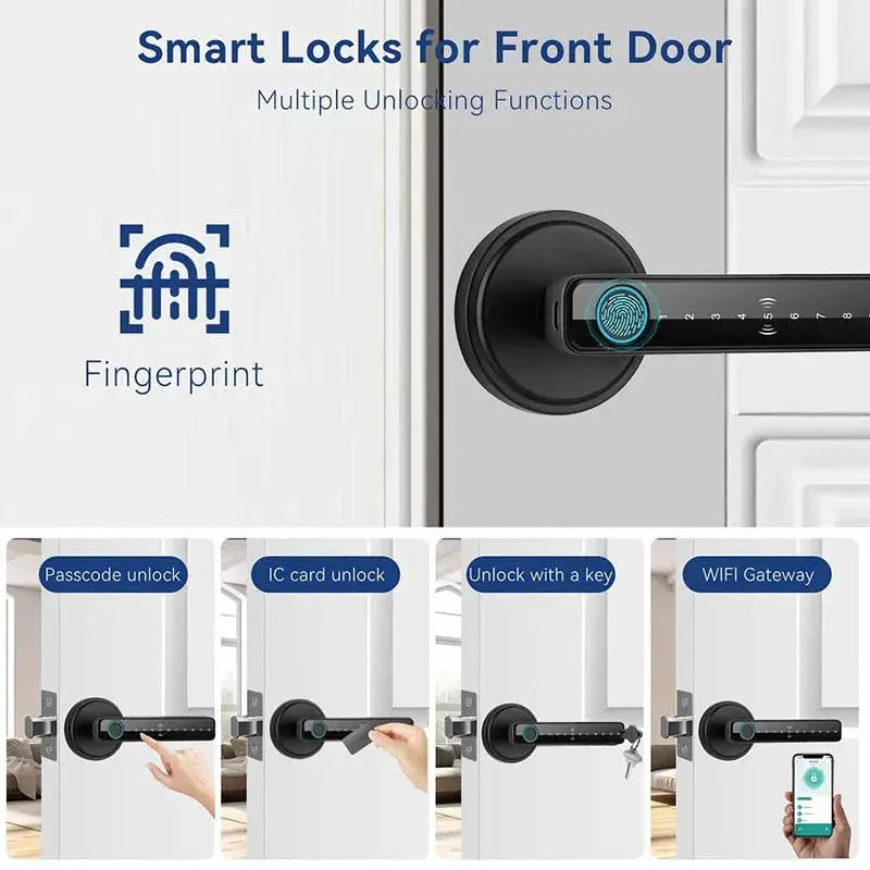Tuya fingerprint smart door lock with handle, keypad, IC card, and WiFi gateway.