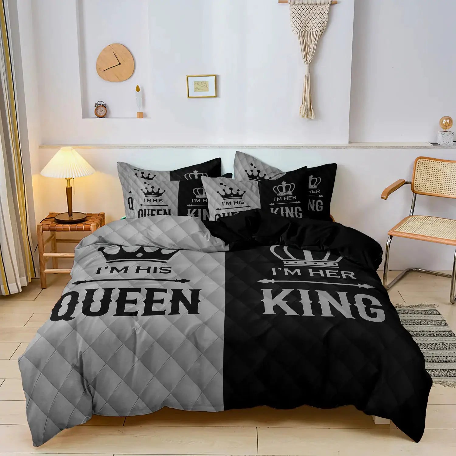 3pc couple's king & queen printed duvet cover set in gray and black with crown motifs