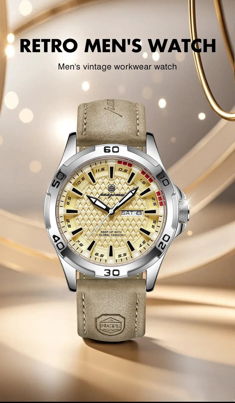 PAAZOMU men's luxury wristwatch with gold dial, stainless steel case and beige leather strap.