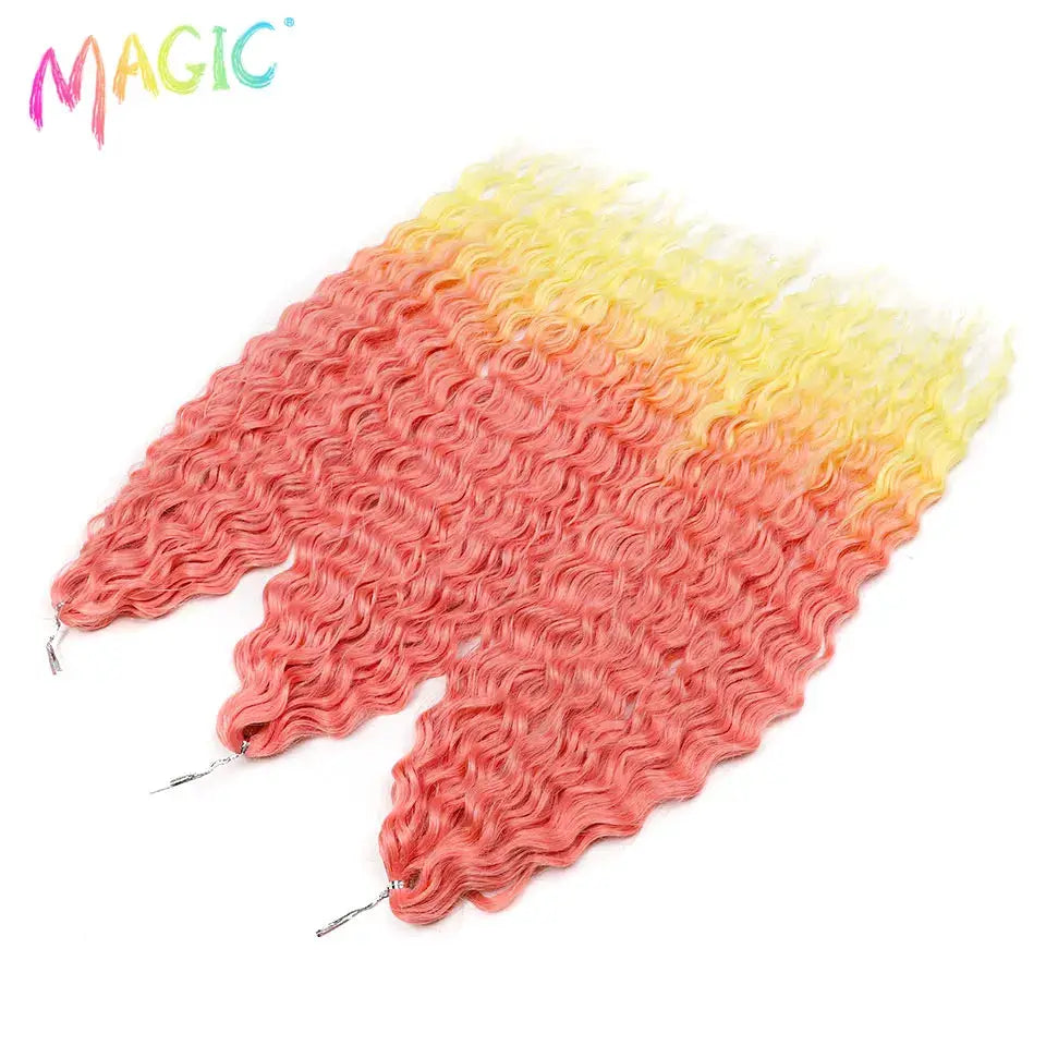 Magic Ariel Curl crochet hair extensions in pink-to-yellow ombre, 22in deep wave, 3 bundles by Simples Market.