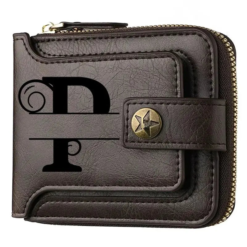 Personalized PU leather men's wallet with snap strap and zip closure in brown