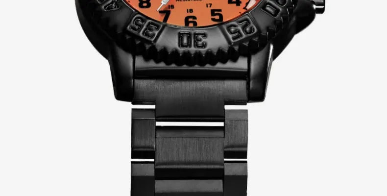 Men's military-style quartz watch with black steel strap and orange dial