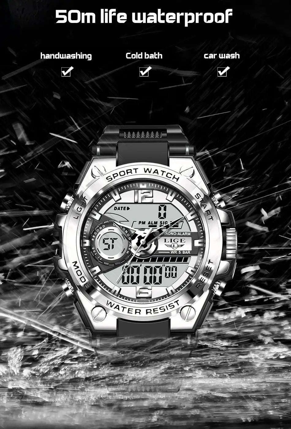 LIGE men's military digital watch, stainless steel case, black strap, 50m waterproof, LED display