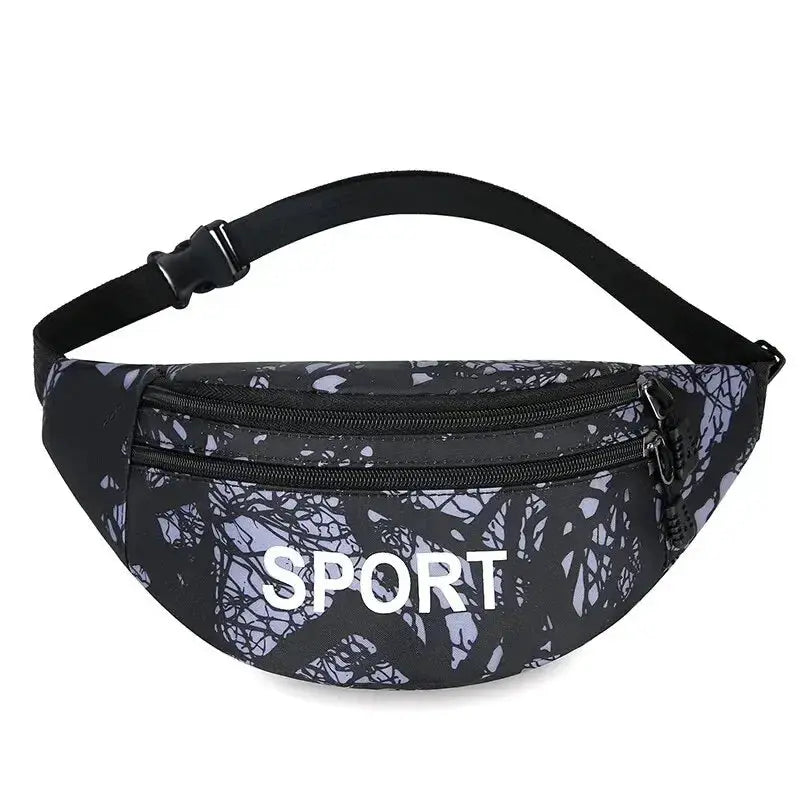 Sports waist pack fanny belt with dual zip pockets; dark camo pattern and adjustable strap.