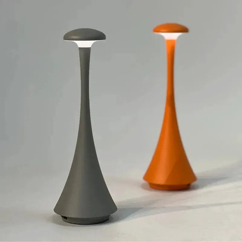 Simples Market two mushroom table lamps in gray and orange; USB-C rechargeable wireless touch night lights.