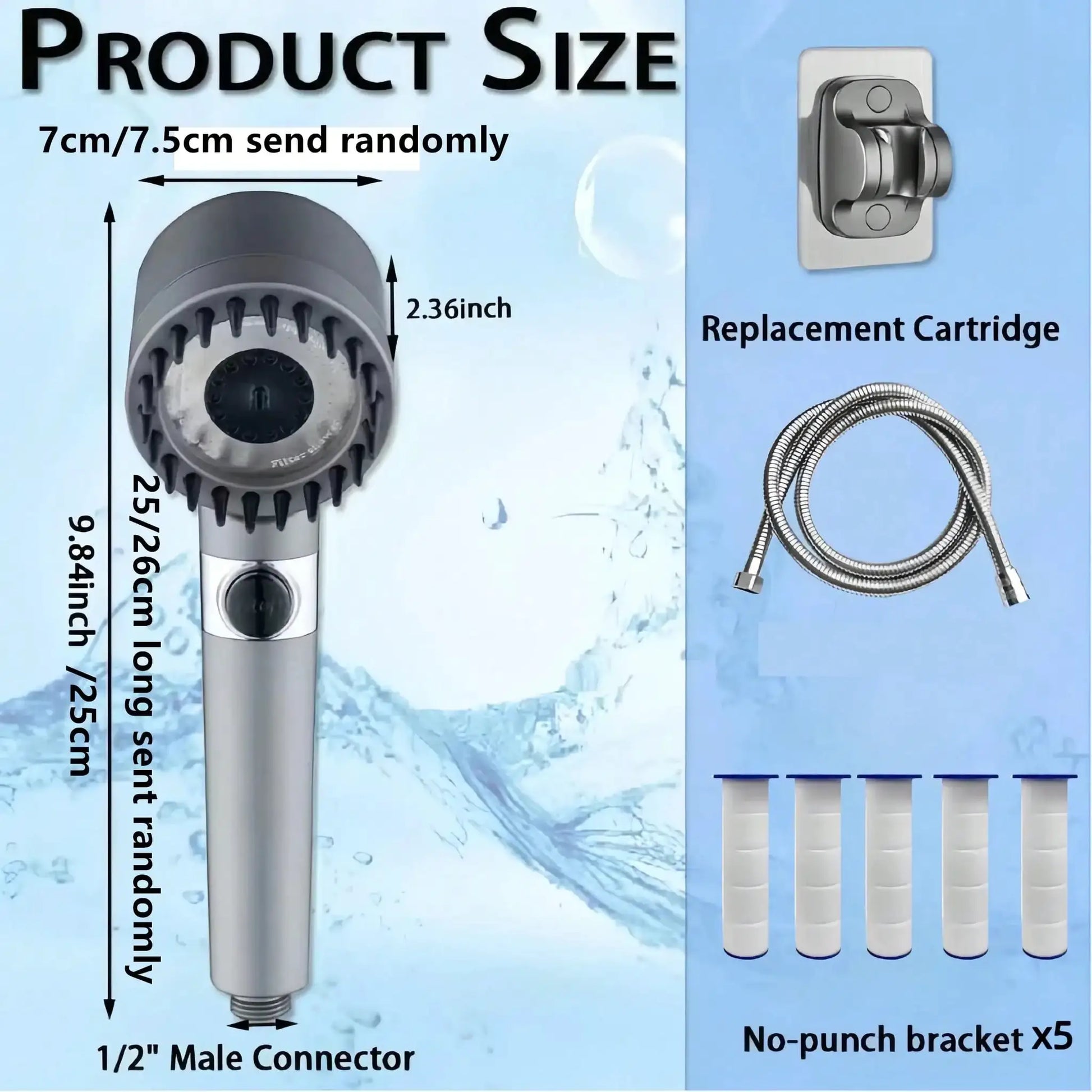 Simples Market 3-spray filtered rain shower head, ABS polished round wall mount with 15 replacement filters and hose