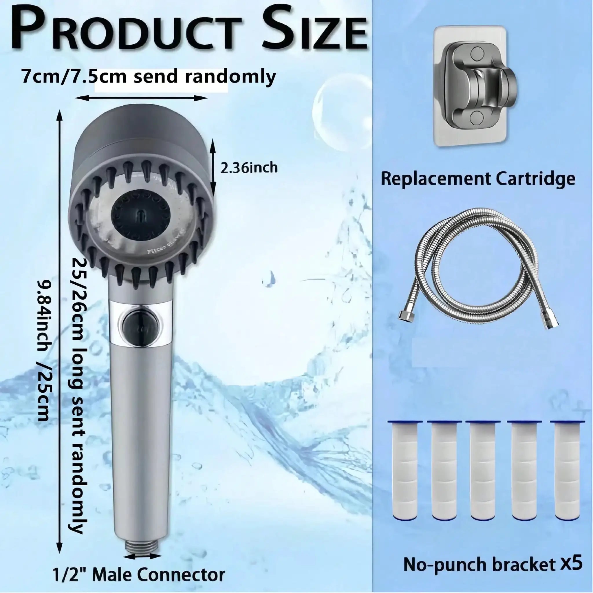 Simples Market 3-spray filtered rain shower head, ABS polished round wall mount with 15 replacement filters and hose