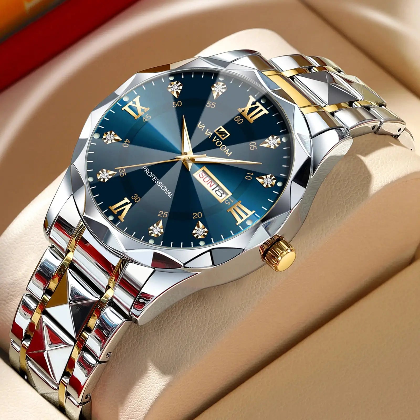 LuxeTime Mens Watch Diamond Luxury Double Calendar Quartz Movement 41mm Blue Gold Stainless Steel Night Glow