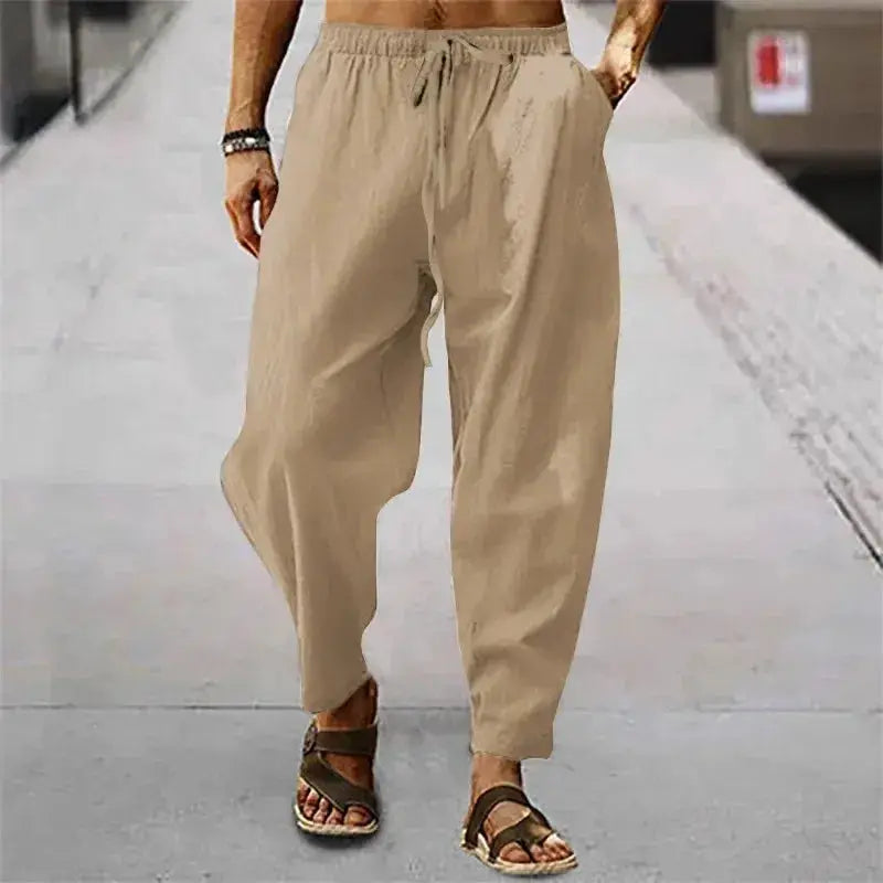 New Men's Cotton Linen Pants Summer and Autumn High Waist Wide Leg Trousers Breathable Casual Loose Fit