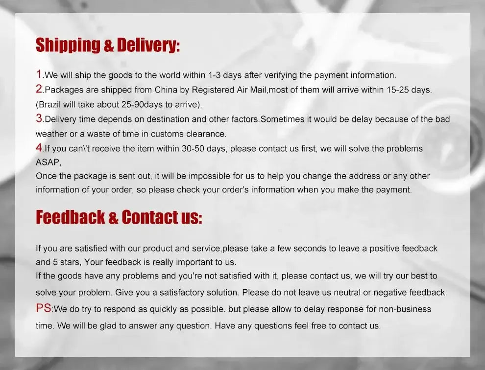Shipping policy page text with Shipping & Delivery and Feedback & Contact us headings on a blurred gray background.