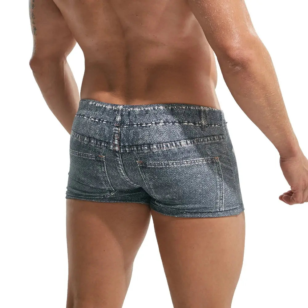 Simples Market 2XL men's denim-style board shorts, blue jean pattern, back view