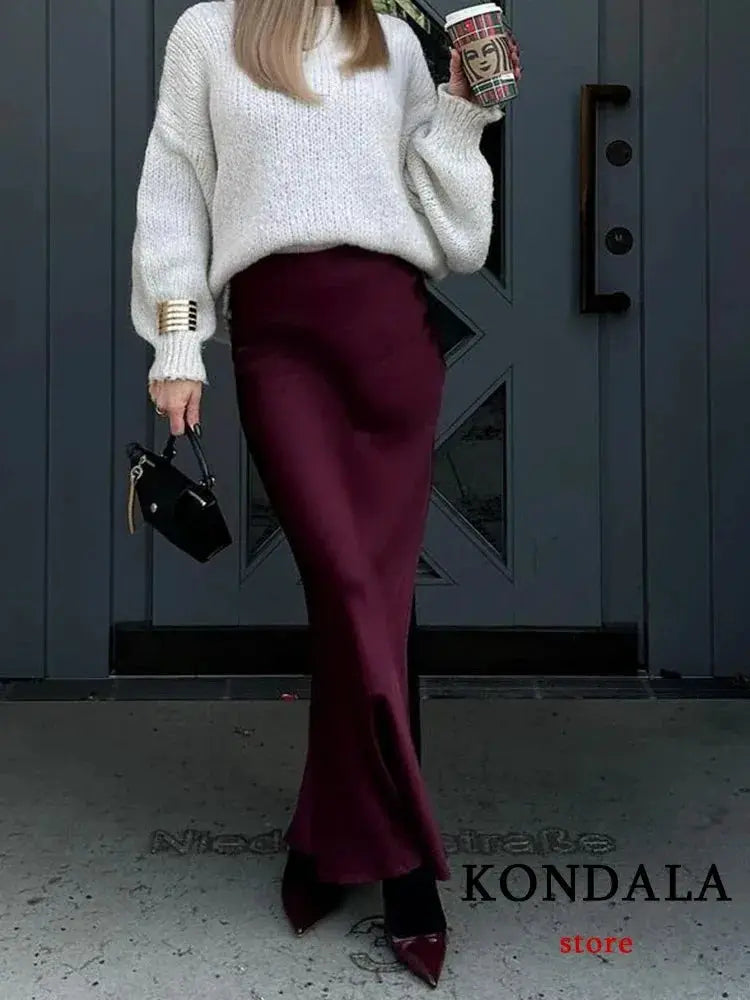 Kondala Vintage Satin Long Skirt For Women High Waist Solid Silky Fashion 2025 Spring Elegant Timeless Comfort
