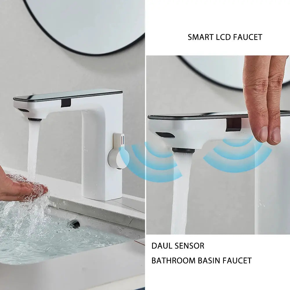 White smart sensor bathroom basin faucet with LCD display, Simples Market dual-sensor touchless hot/cold mixer.