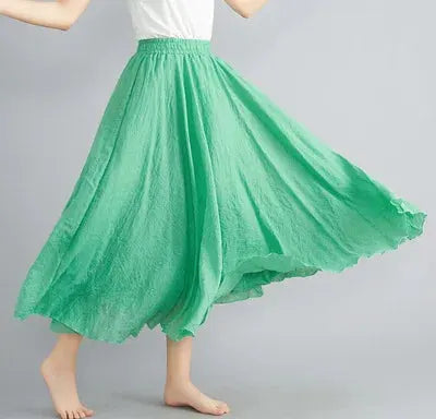 Simples Market Mori Girl long green cotton-linen skirt with elastic waist, A-line