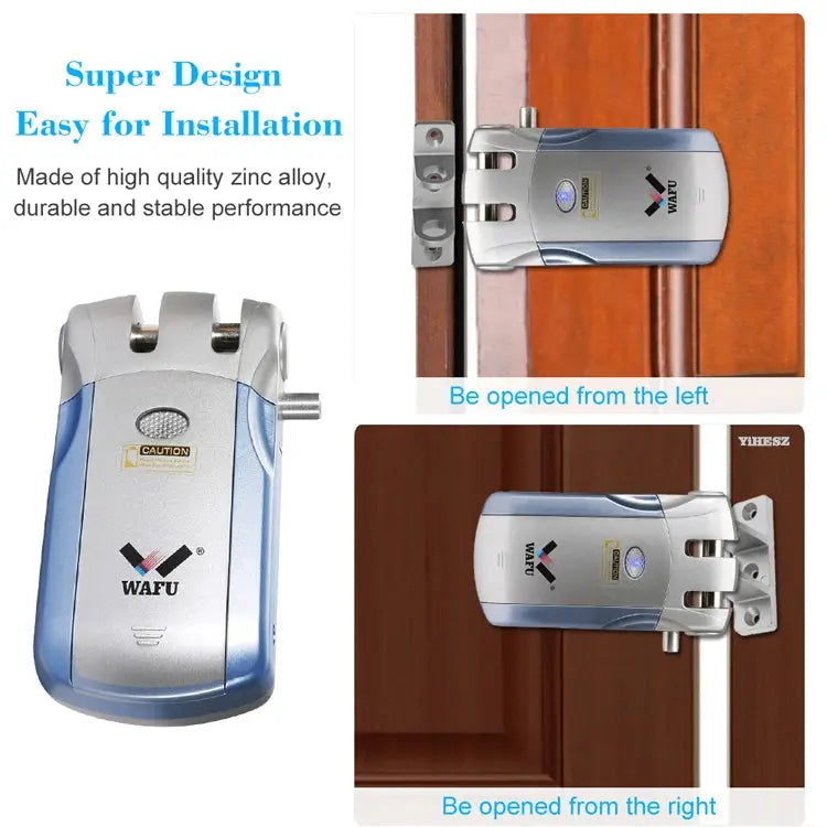 WAFU 019 remote control door lock with invisible deadbolt and 5 chrome-plated remotes in silver-blue finish