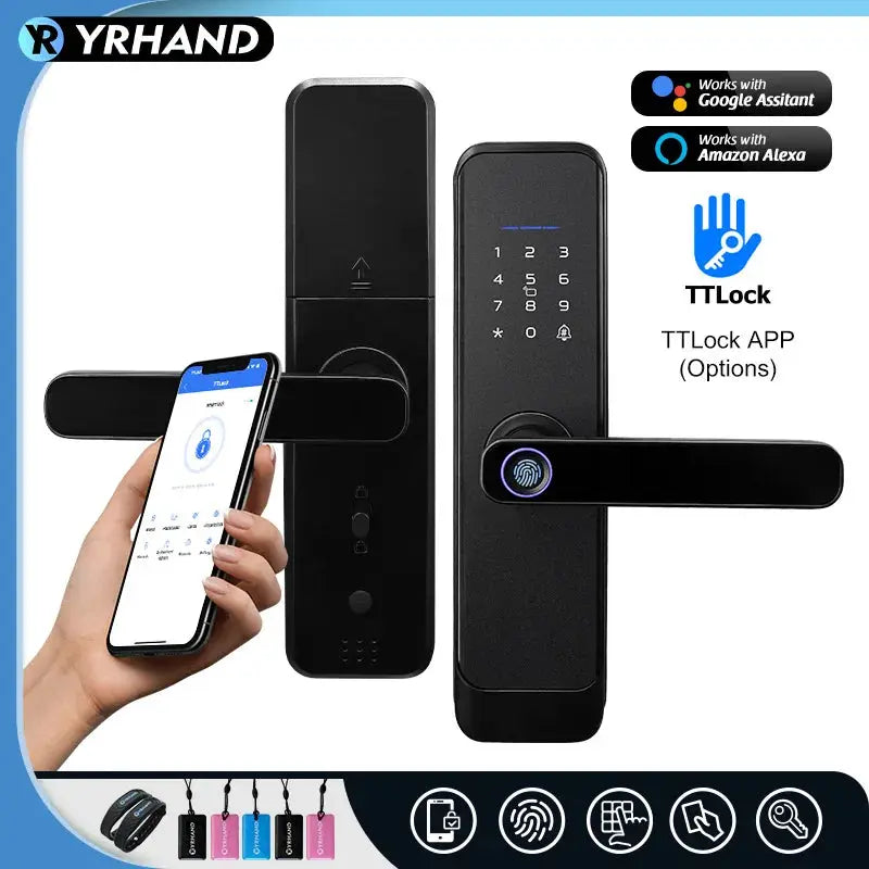Fingerprint smart door lock by Simples Market; black, waterproof with WiFi/Bluetooth and TTLock app support.