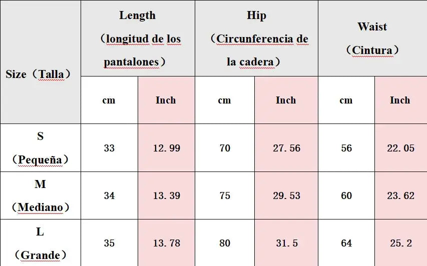Simples Market women's yoga shorts size chart shows sizes S, M, L and length, hip, waist measurements in cm/in
