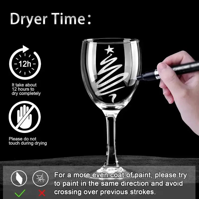 Chrome paint marker with 2mm tip, silver ink, creating spiral design on a wine glass