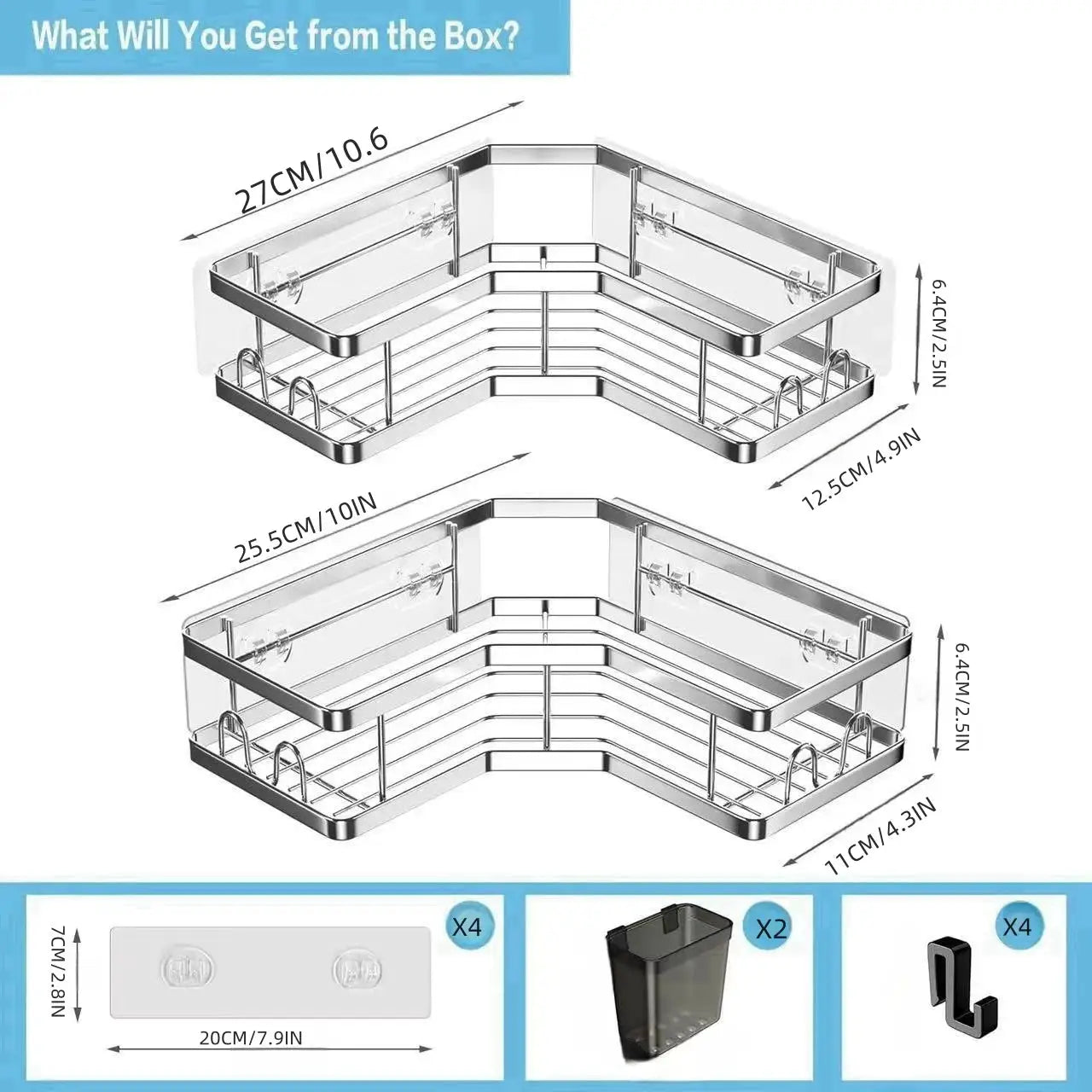 Stainless steel triangle corner shelf double-layer set of 2 for bathroom/kitchen, no-drill mounting.