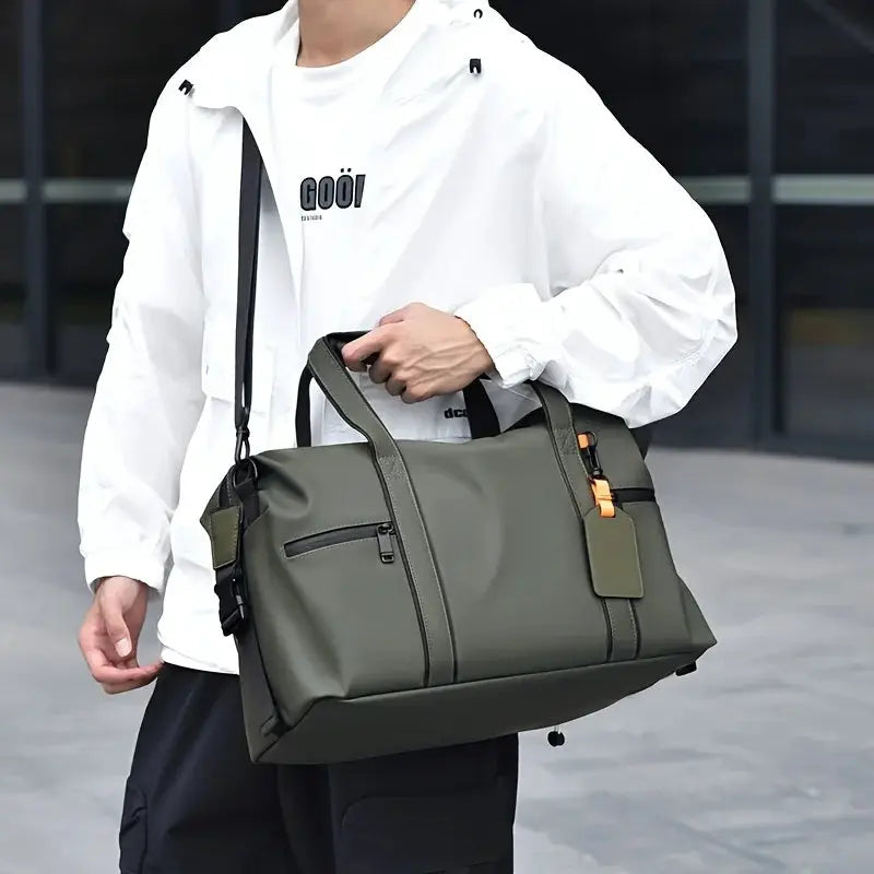 Large capacity travel bag by Simples Market in olive green with black zippers and dual top handles.