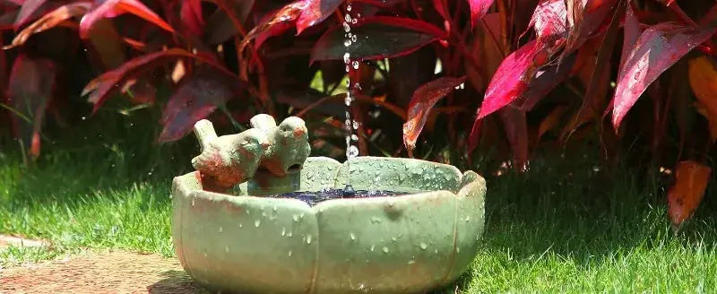Outdoor solar fountain pump in a green ceramic bowl with a frog statue for garden pond decoration