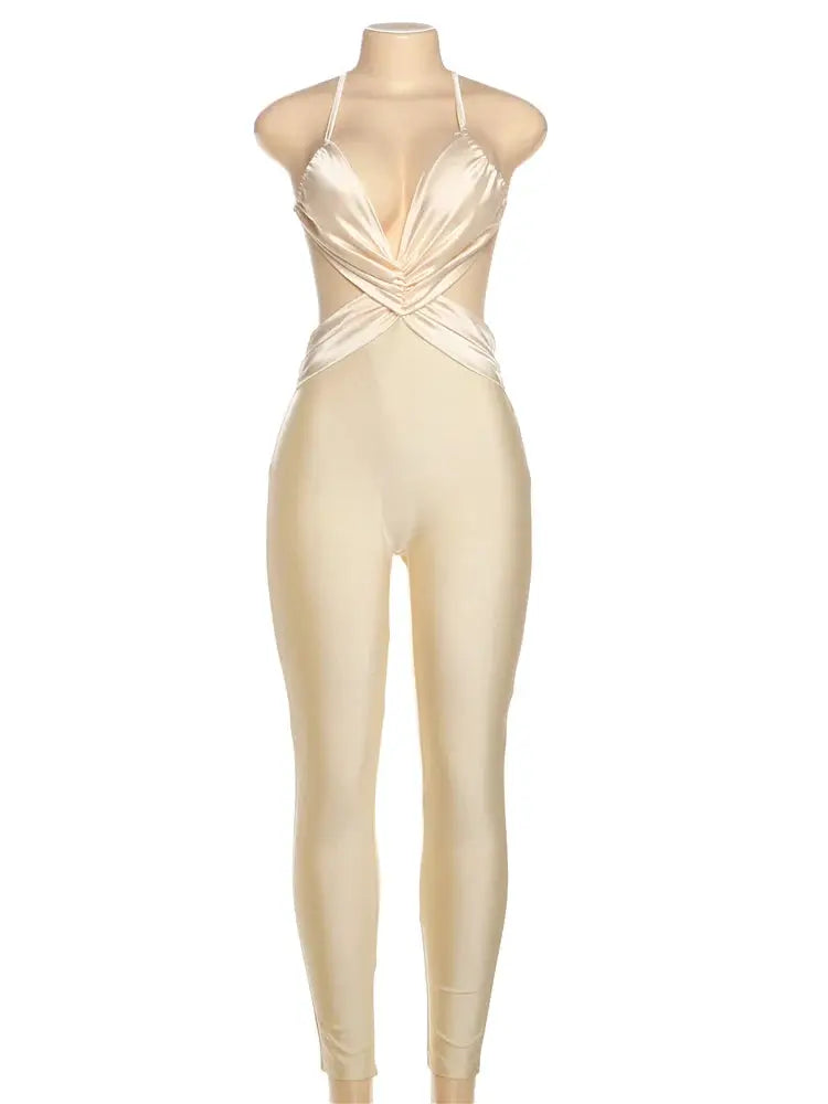 Champagne satin cross-pleated backless halter jumpsuit for women with skinny legs