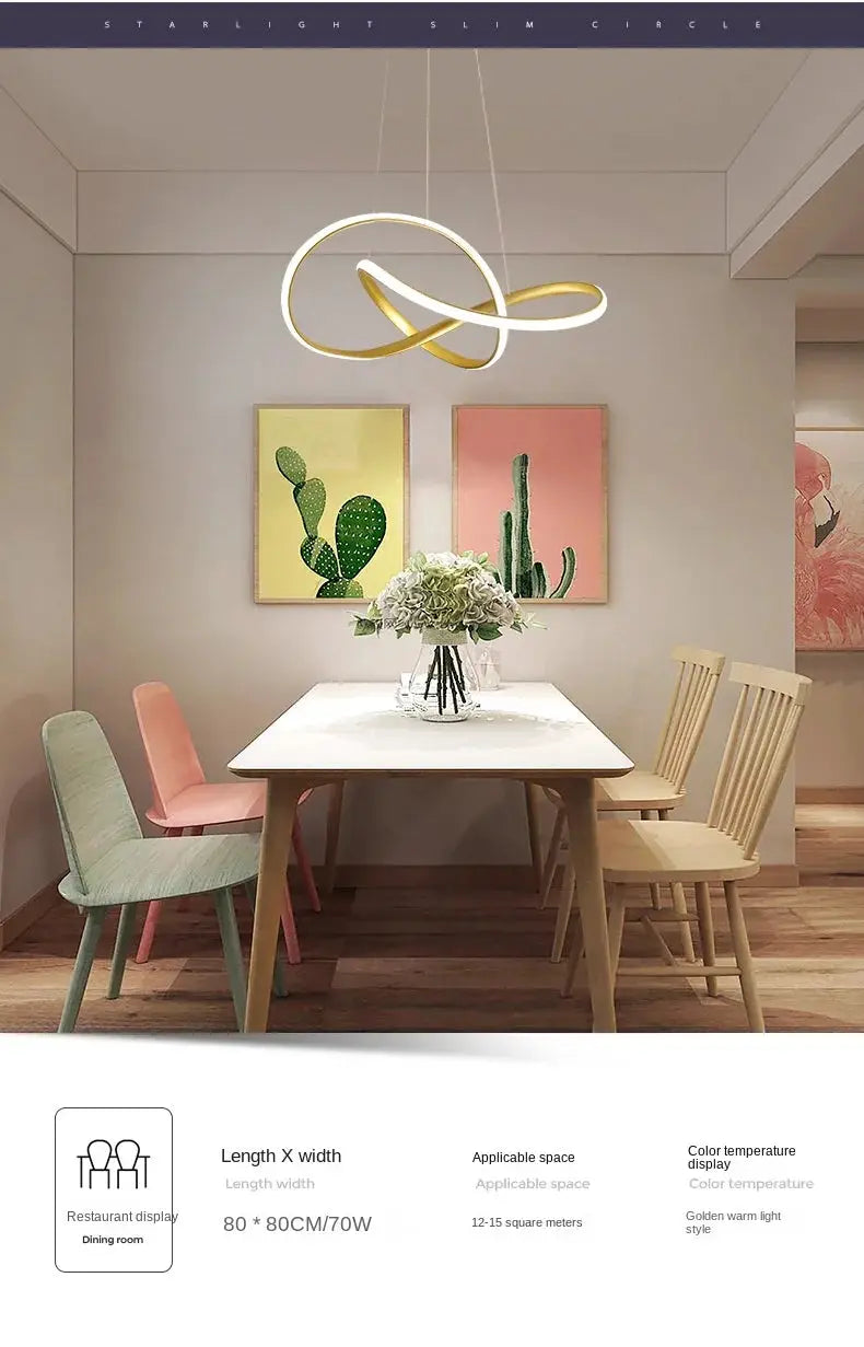 Dining room pendant lamp with clover-inspired gold and white rings, Simples Market.