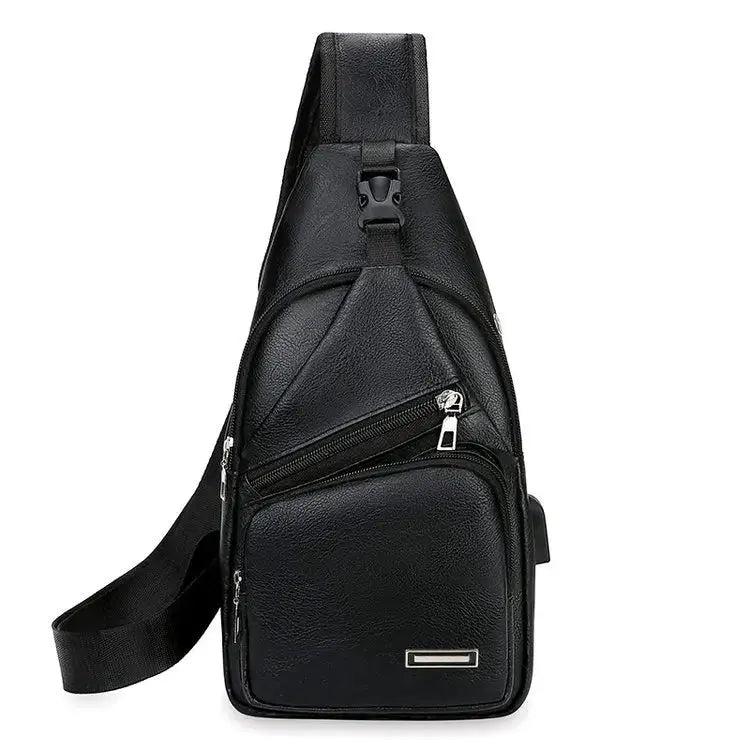 Men's black canvas chest bag crossbody by Simples Market, lightweight with multiple zip pockets.