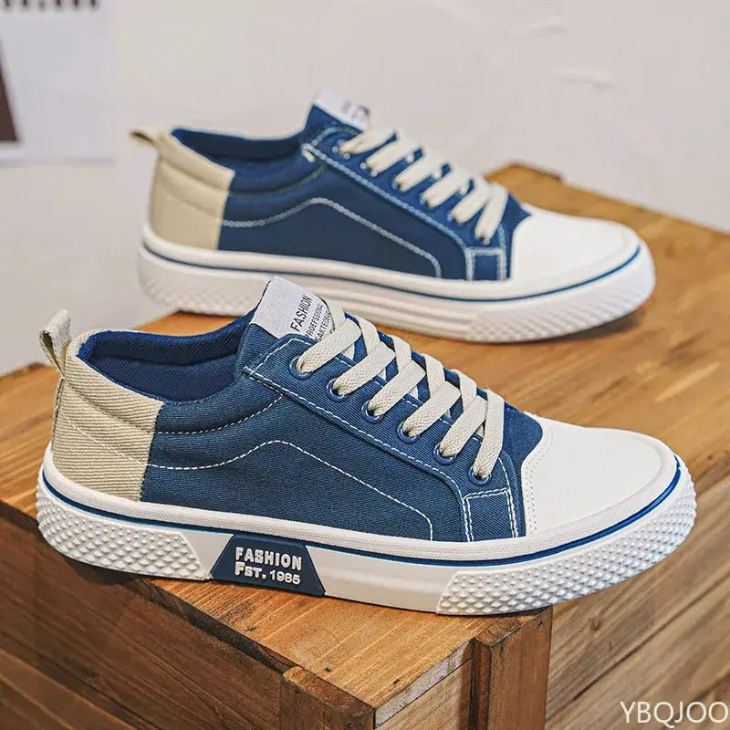 Simples Market men's lightweight canvas sneakers, a blue denim pair with white toe cap and beige heel detail