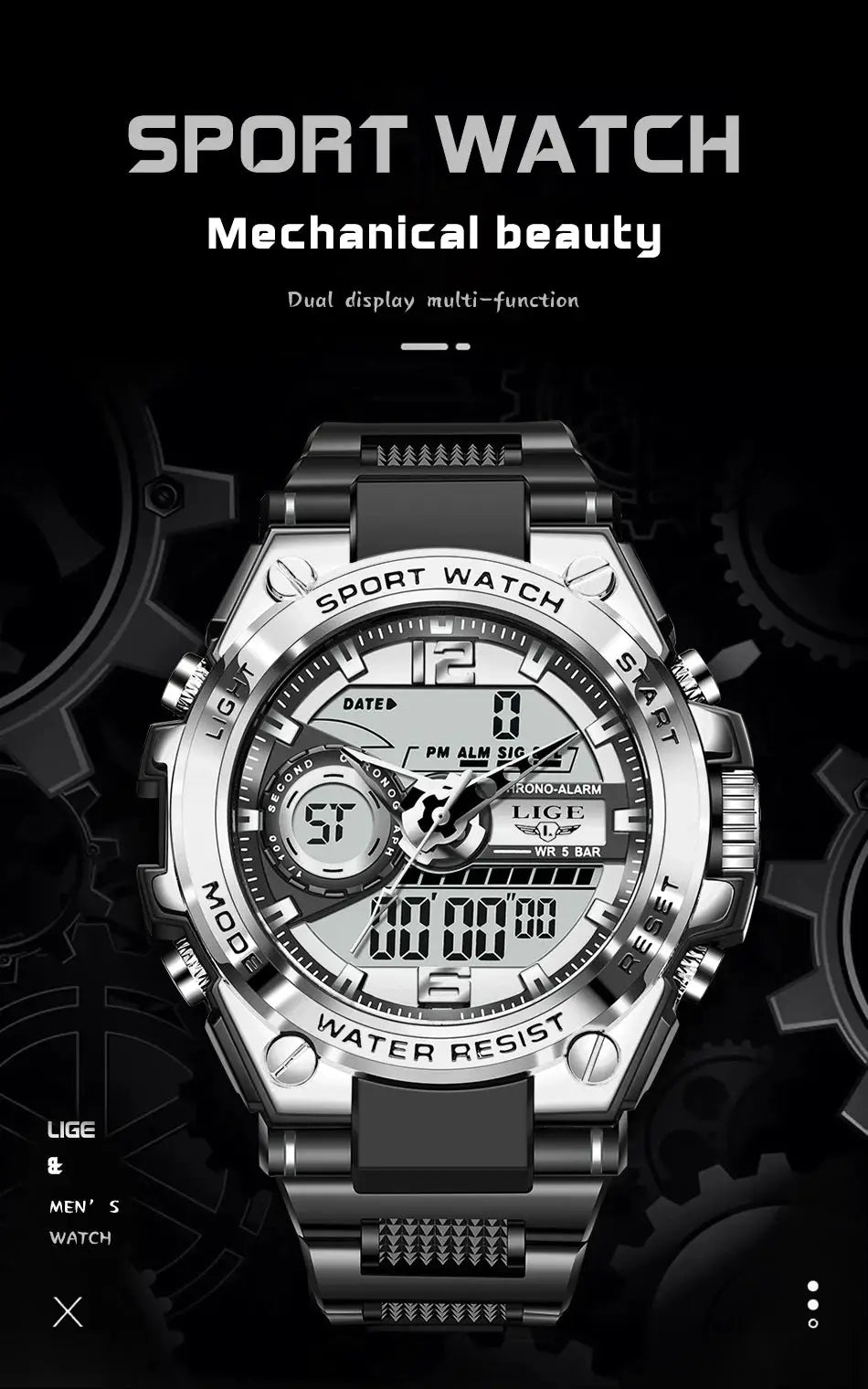 LIGE men's sport watch with digital-analog display, silver stainless steel case, black strap