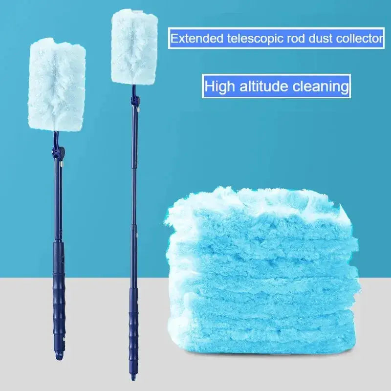 Extended Pole Dust Collector by Simples Market with two microfiber heads and blue microfiber cloth stack