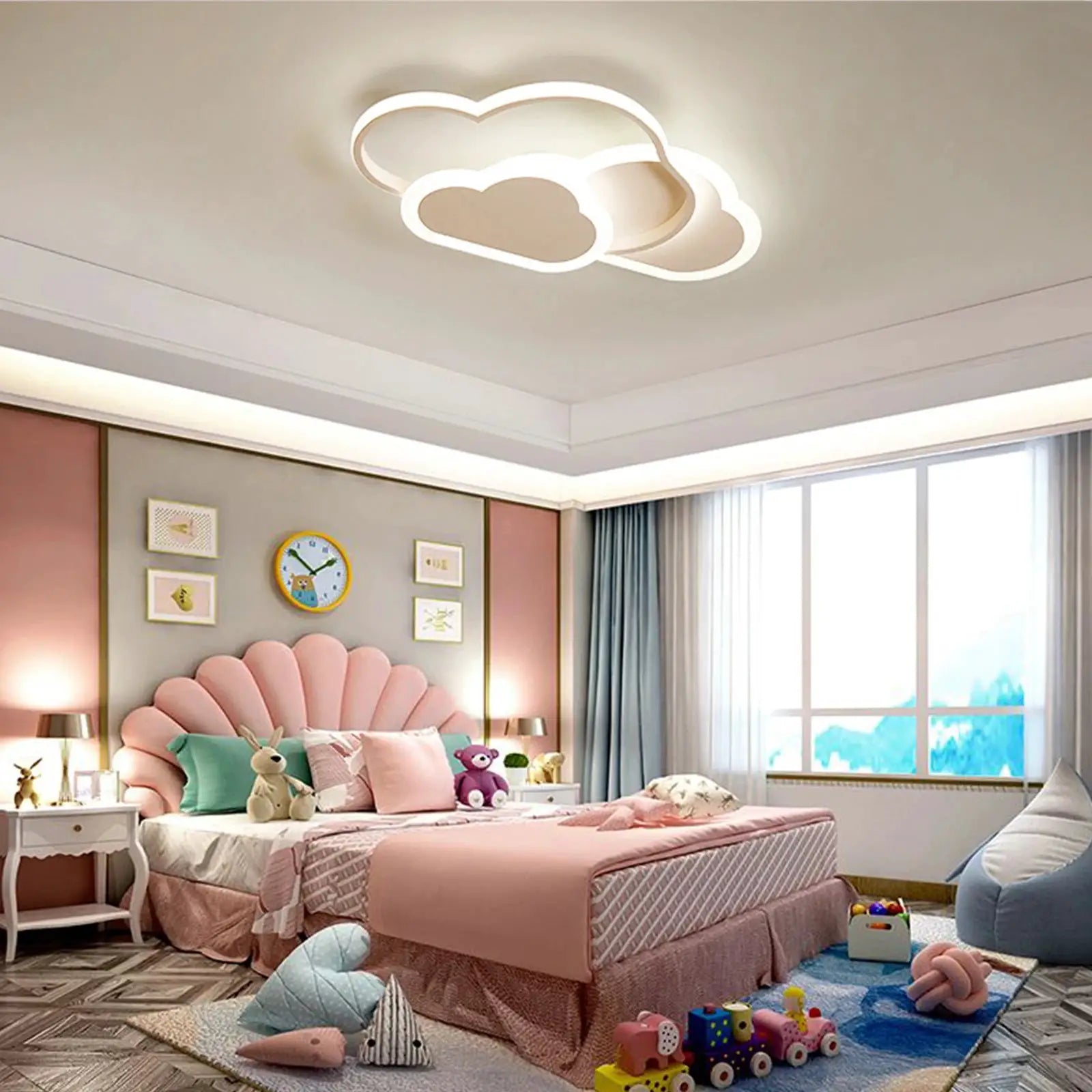 Cloud LED ceiling lamp, white cloud-ring fixture, modern minimalist lighting for children's bedroom