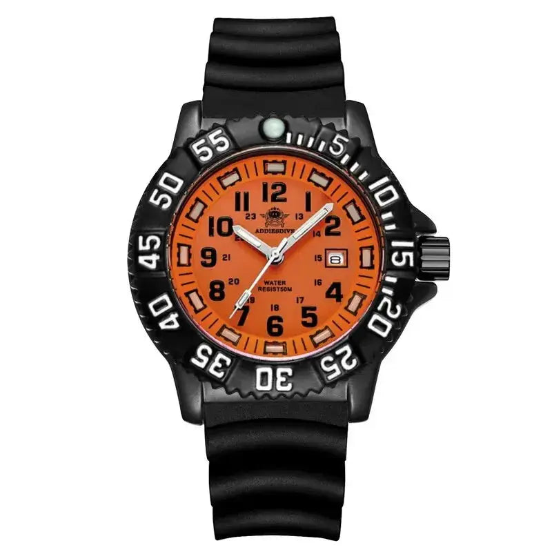 Addies Men Military Sport Watch with orange dial, black bezel and strap; water resistant 50m, Simples Market