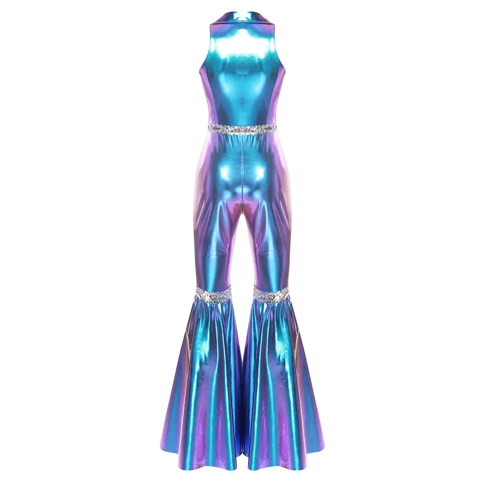 Simples Market adult women's iridescent metallic disco jumpsuit, sleeveless with rhinestone belt and bell-bottom pants