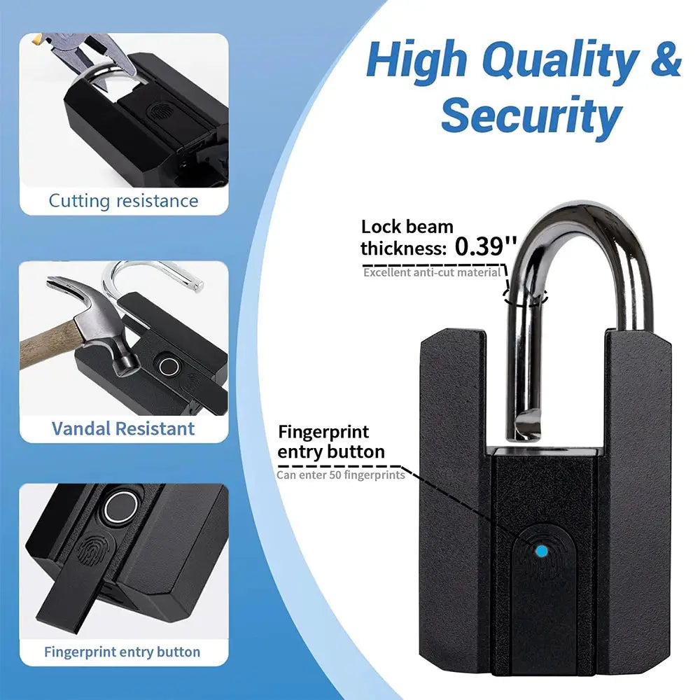 BBDHOME smart padlock, black biometric lock with fingerprint entry button and IP67 waterproof outdoor design
